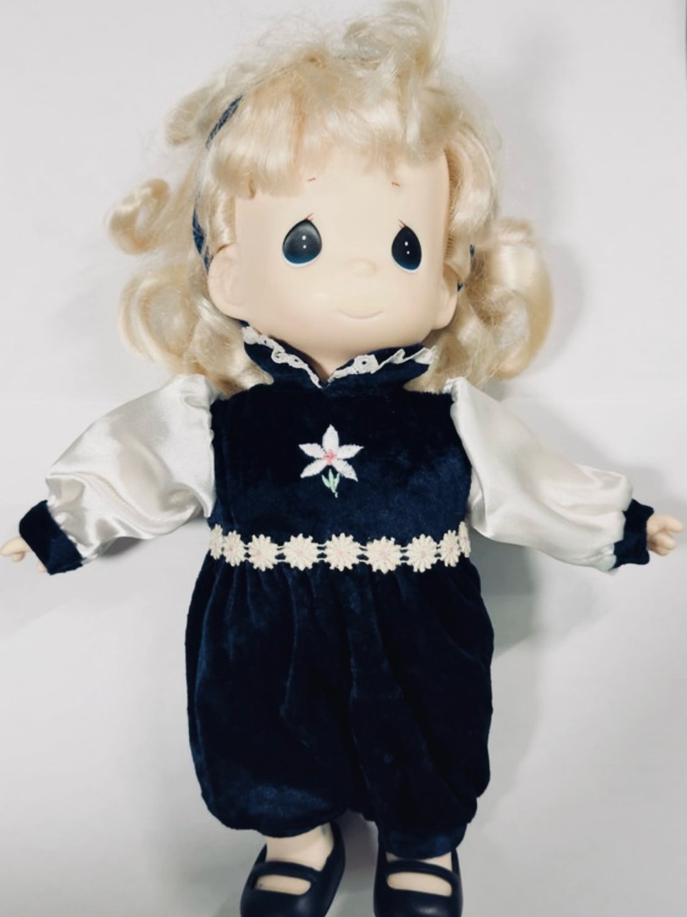 Precious Moments Blonde Doll in Navy and White Dress with Embroidered Flower